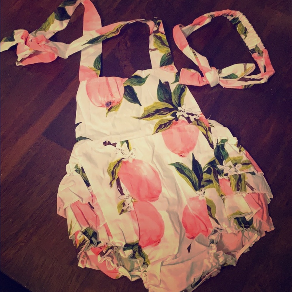 Pink/white lemon ruffle romper w headband - Picture 1 of 2